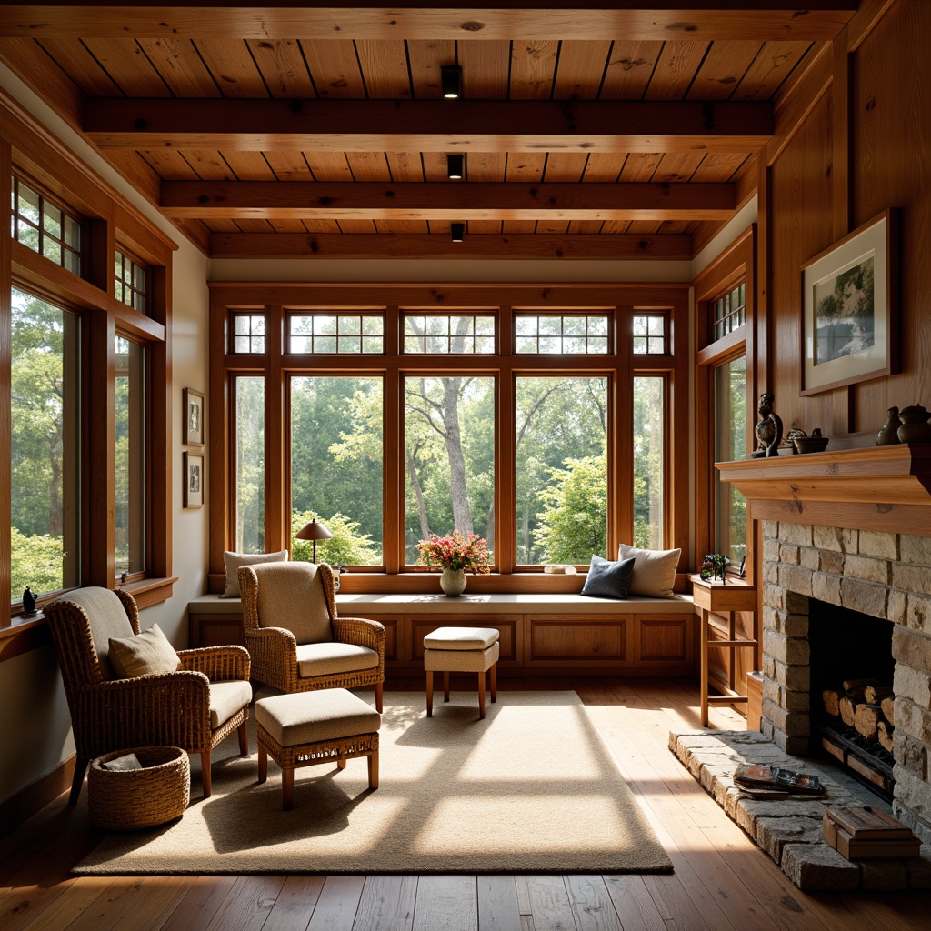 Prompt: Warm and inviting Craftsman style interior, rich wood tones, crown molding with ornate details, wooden beam ceiling, large windows, natural light pouring in, cozy reading nook, plush armchairs, woven textiles, earthy color palette, natural stone fireplace, warm golden lighting, soft focus, shallow depth of field, 2/3 composition, intimate atmosphere, realistic wood grain textures.