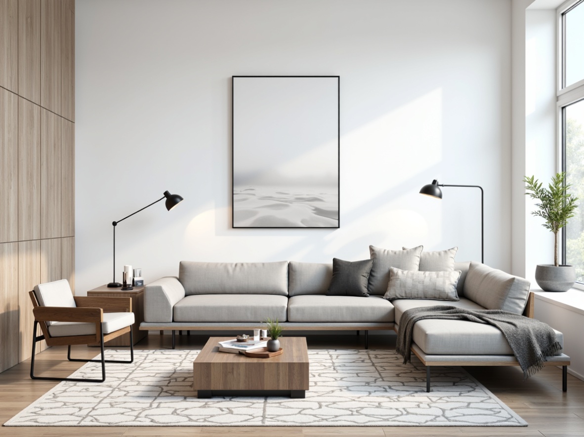 Prompt: Monochromatic living room, sleek low-profile sofa, minimalist coffee table, Scandinavian-inspired wooden chairs, industrial metal floor lamps, geometric patterned rugs, plain white walls, large windows, natural light, airy atmosphere, subtle textures, 1/1 composition, softbox lighting, realistic reflections, ambient occlusion.