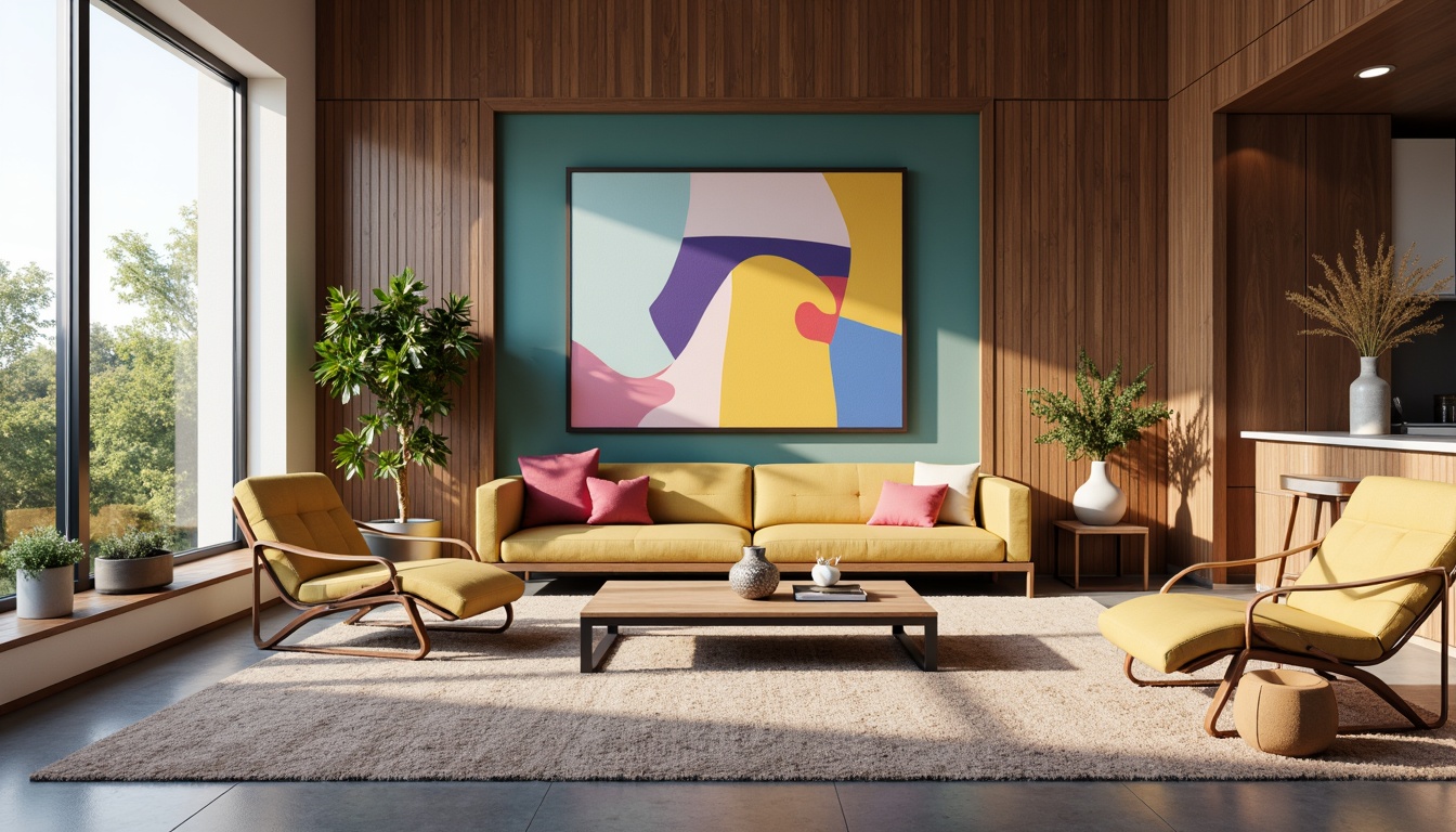 Prompt: Vibrant design studio, modern minimalist decor, sleek wooden furniture, abstract art pieces, bold colorful accents, geometric shapes, soft pastel hues, rich jewel tones, metallic finishes, subtle texture overlays, atmospheric lighting, shallow depth of field, 1/1 composition, realistic reflections, ambient occlusion.