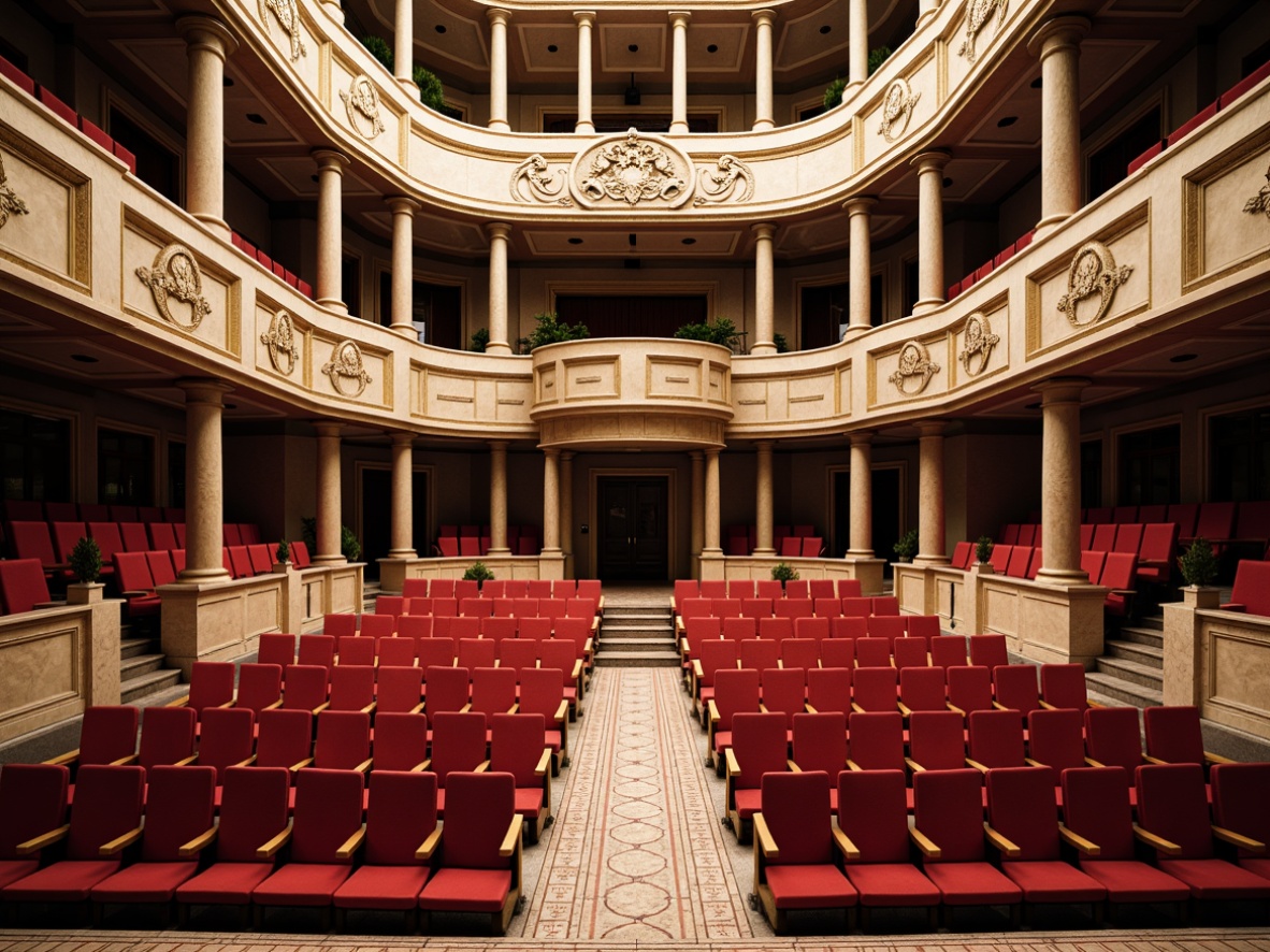 Prompt: Grand amphitheater, classical architecture, tiered seating arrangement, ornate stone carvings, majestic columns, curved staircases, velvet red seats, golden metal armrests, intricate mosaic patterns, warm soft lighting, shallow depth of field, 1/1 composition, symmetrical view, realistic textures, ambient occlusion, subtle shadows, elegant curves, harmonious proportions.