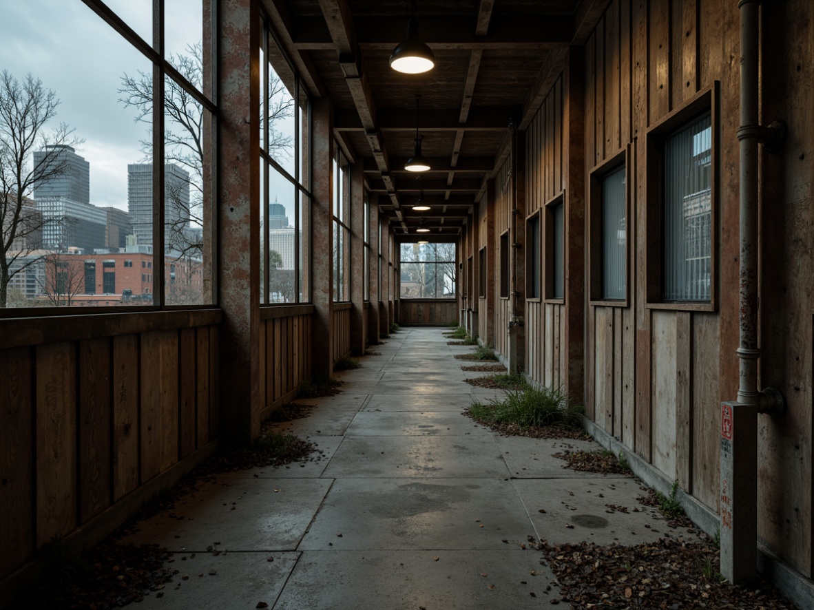 Prompt: Rustic zoo enclosures, distressed metal frames, weathered wooden planks, exposed piping systems, industrial-style lighting fixtures, concrete floors, brutalist architecture, urban wildlife habitats, city skyline views, overcast skies, dramatic shadows, high-contrast textures, 1-point perspective composition, cinematic mood lighting, gritty realistic renderings.