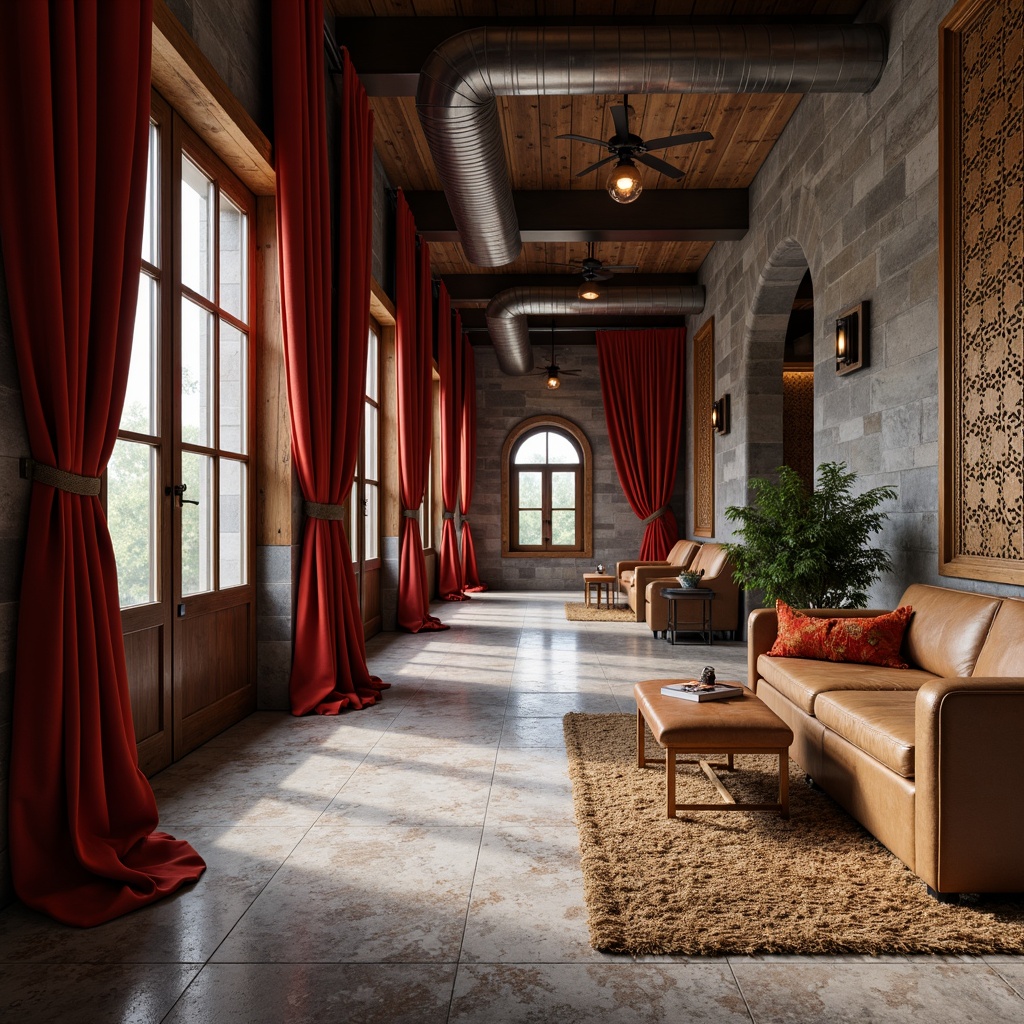 Prompt: Rich velvet drapes, luxurious marble floors, reclaimed wooden accents, metallic industrial pipes, rustic stone walls, soft plush carpets, woven natural fiber rugs, distressed leather upholstery, intricate geometric tiles, 3D embossed wallpaper, warm ambient lighting, atmospheric fog effects, cinematic depth of field, realistic material rendering.