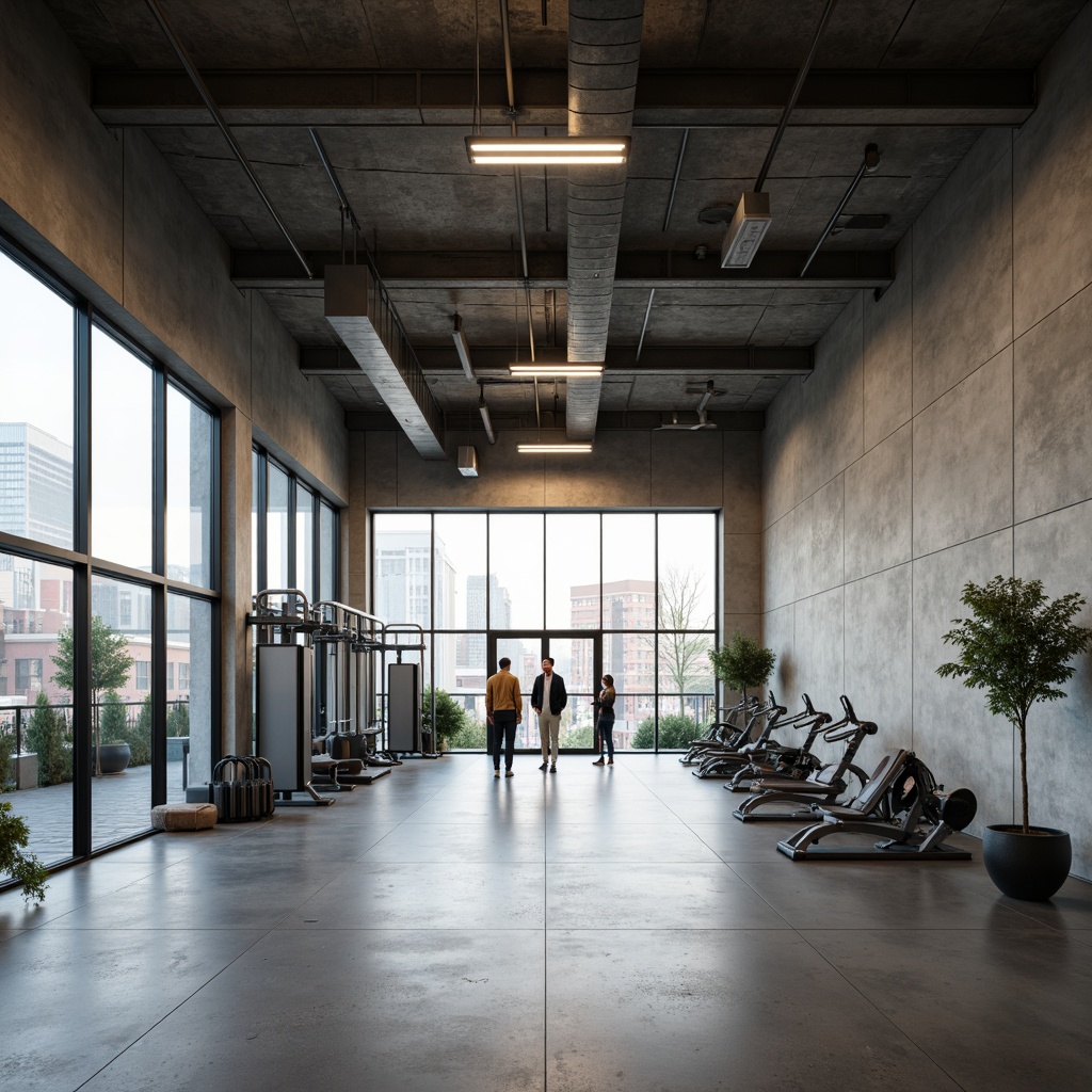 Prompt: Minimalist gym interior, open space concept, high ceilings, polished concrete floors, industrial metal beams, exposed ductwork, large windows, natural light pouring in, sleek exercise equipment, modern LED lighting, subtle color scheme, minimalist decor, sparse furniture arrangement, geometric shapes, functional simplicity, 1/1 composition, shallow depth of field, soft warm lighting, realistic textures.