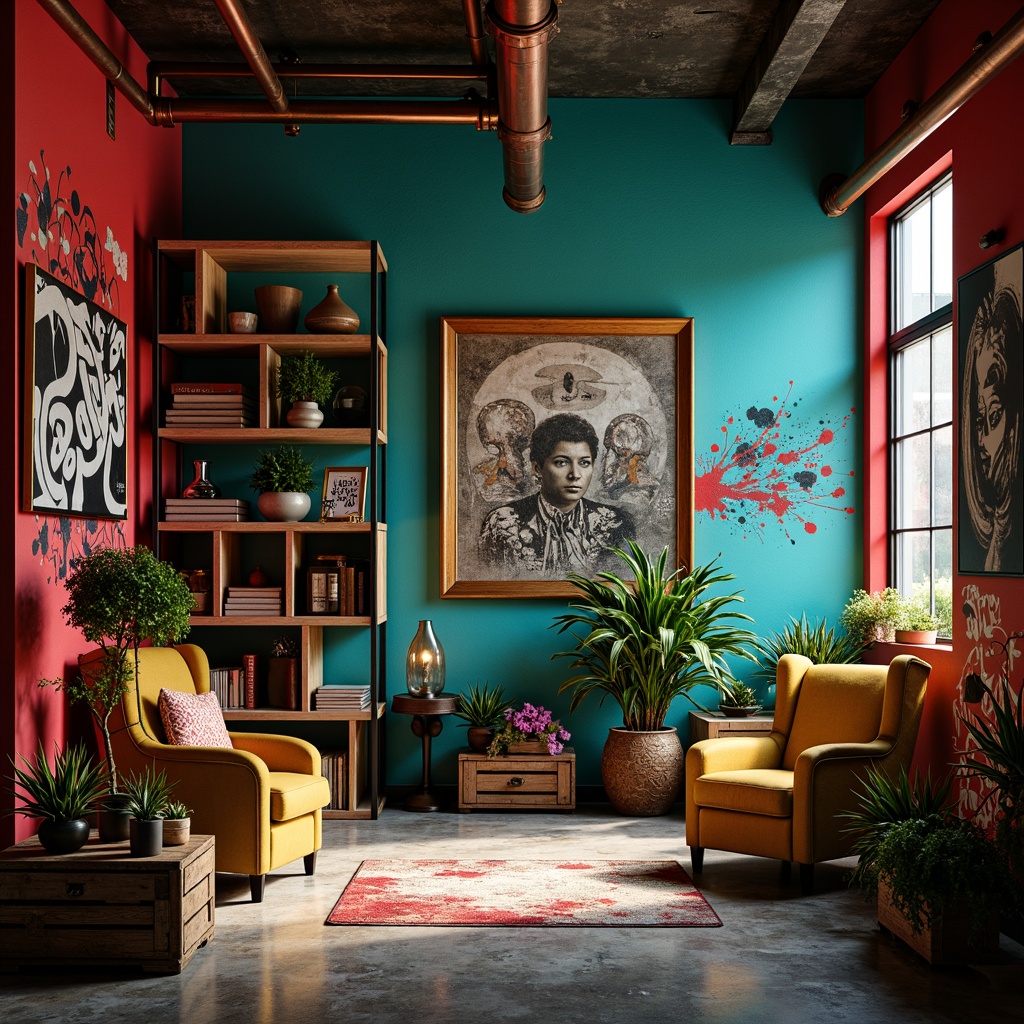 Prompt: Vibrant storage room, industrial chic decor, distressed wooden crates, metal shelves, eclectic color palette, bold turquoise walls, rich crimson accents, deep mustard yellow furniture, weathered copper pipes, worn concrete floors, edgy graffiti art, dramatic spot lighting, low-key shadows, 1/2 composition, abstract textures, atmospheric rendering.