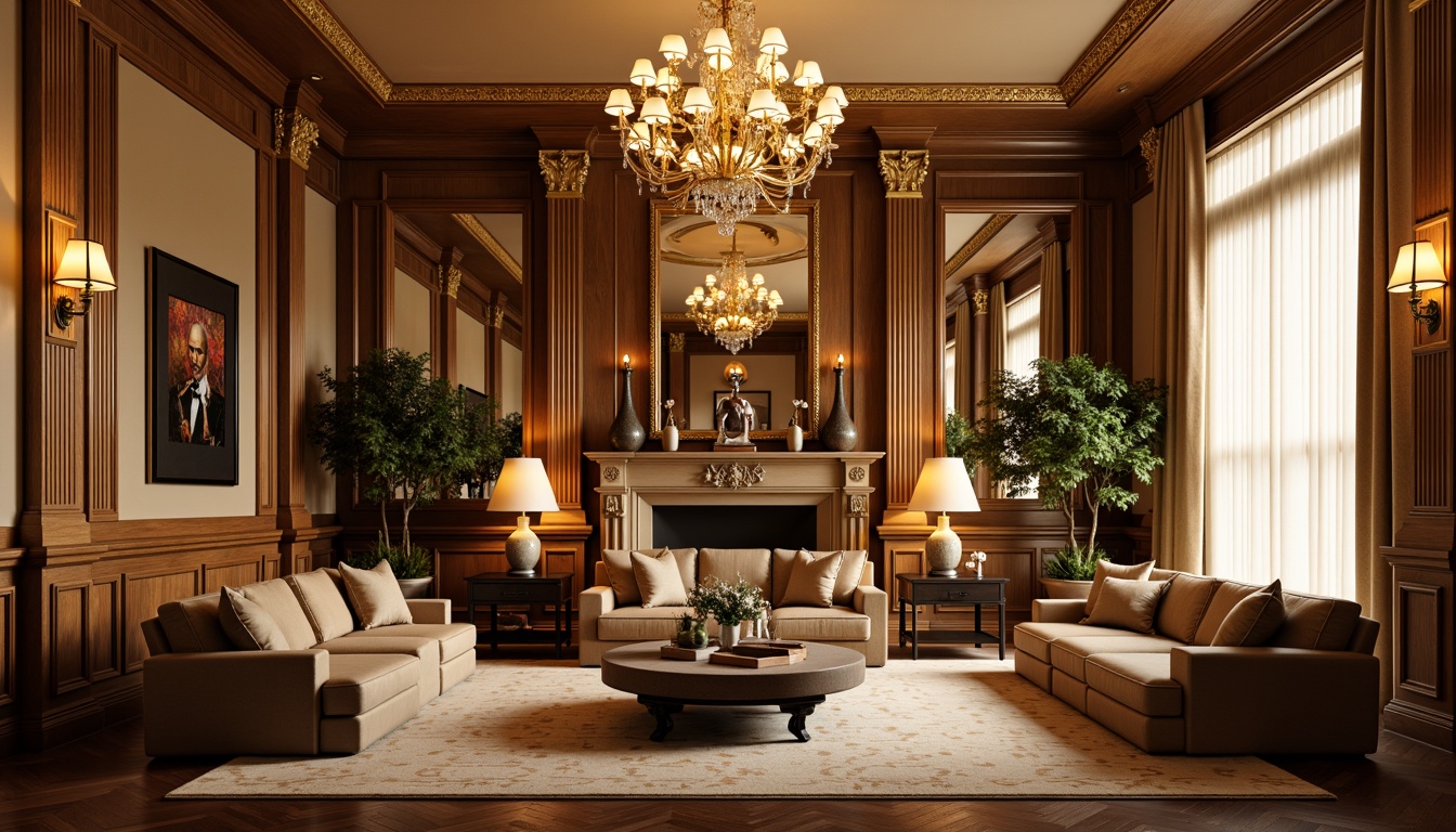 Prompt: Elegant family room, ornate chandeliers, warm golden lighting, rich wood paneling, velvet upholstery, carved wooden furniture, intricate moldings, grand crystal fixtures, soft diffused light, warm beige walls, luxurious fabrics, refined accessories, classical columns, symmetrical composition, shallow depth of field, 1/1 ratio, realistic textures, ambient occlusion.