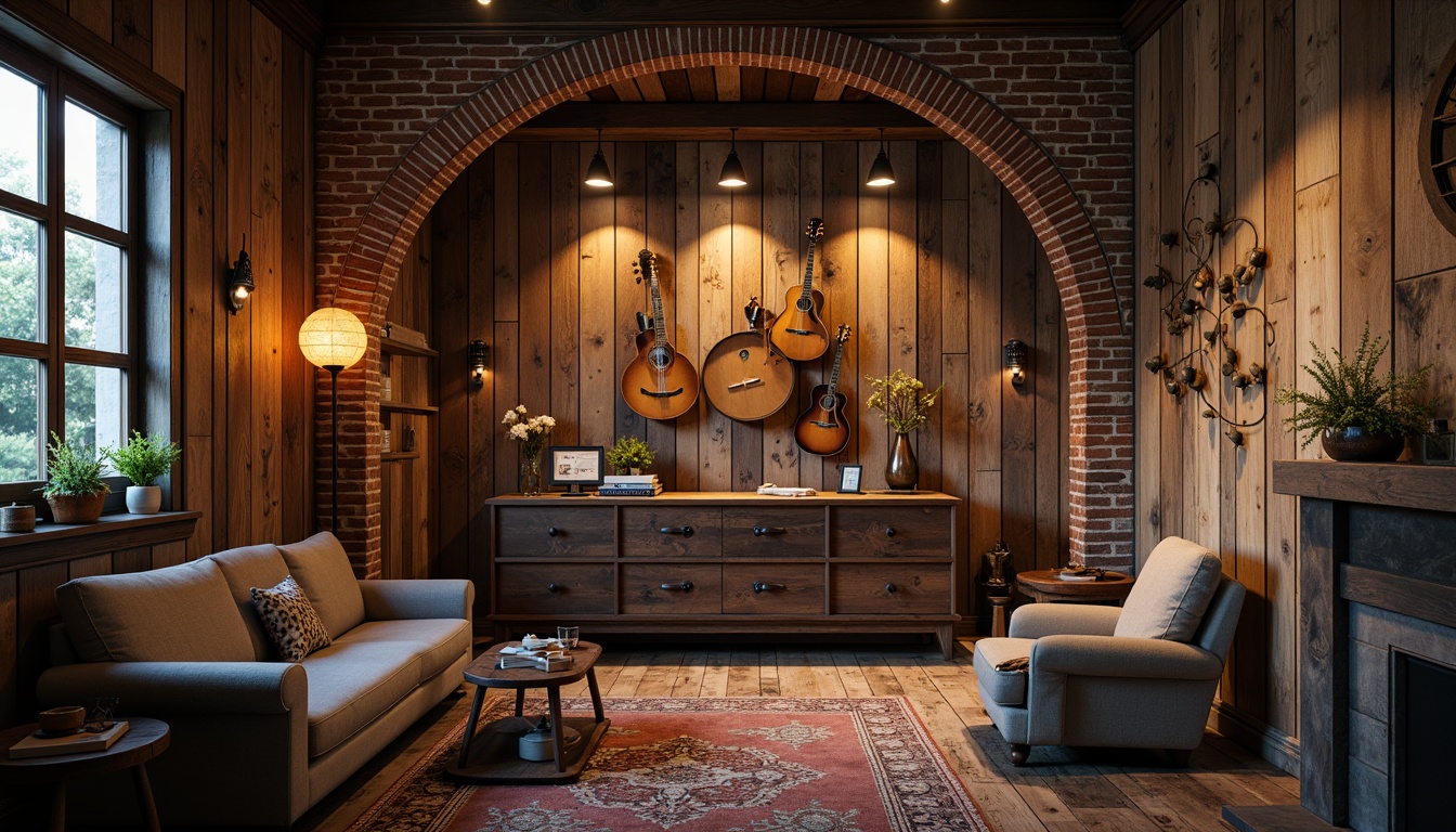 Prompt: Reclaimed wood walls, distressed finishes, vintage music instruments, earthy tones, stone accents, brick archways, wooden beams, rustic metal decor, dim warm lighting, cozy atmosphere, natural textures, ambient shadows, 1/2 composition, shallow depth of field, realistic renderings.