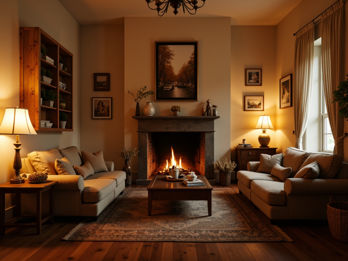 Prompt: Cozy living room, warm atmosphere, soft glowing lights, table lamps, floor lamps, pendant lights, dimmable bulbs, warm beige walls, comfortable sofas, rustic wooden coffee tables, vintage rugs, natural textiles, earthy tones, relaxing ambiance, warm color temperatures, subtle shadows, layered lighting, 1/1 composition, intimate scale, realistic materials.