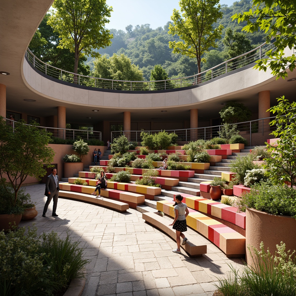 Prompt: Amphitheater-style seating area, curved stepped rows, modern minimalist architecture, sleek metal railings, wooden or concrete benches, vibrant colorful cushions, geometric patterned flooring, abundant natural light, soft warm ambiance, 1/1 composition, shallow depth of field, realistic textures, ambient occlusion, lush greenery surroundings, blooming flowers, sunny day.