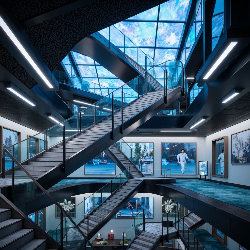 Prompt: Floating staircases, futuristic metallic railings, holographic LED lighting, sleek glass balustrades, minimalist landing platforms, spiral shapes, geometric patterns, iridescent colors, reflective surfaces, neon-lit ambient glow, shallow depth of field, 1/2 composition, low-angle shot, cinematic atmosphere, futuristic materials, sci-fi inspired textures.