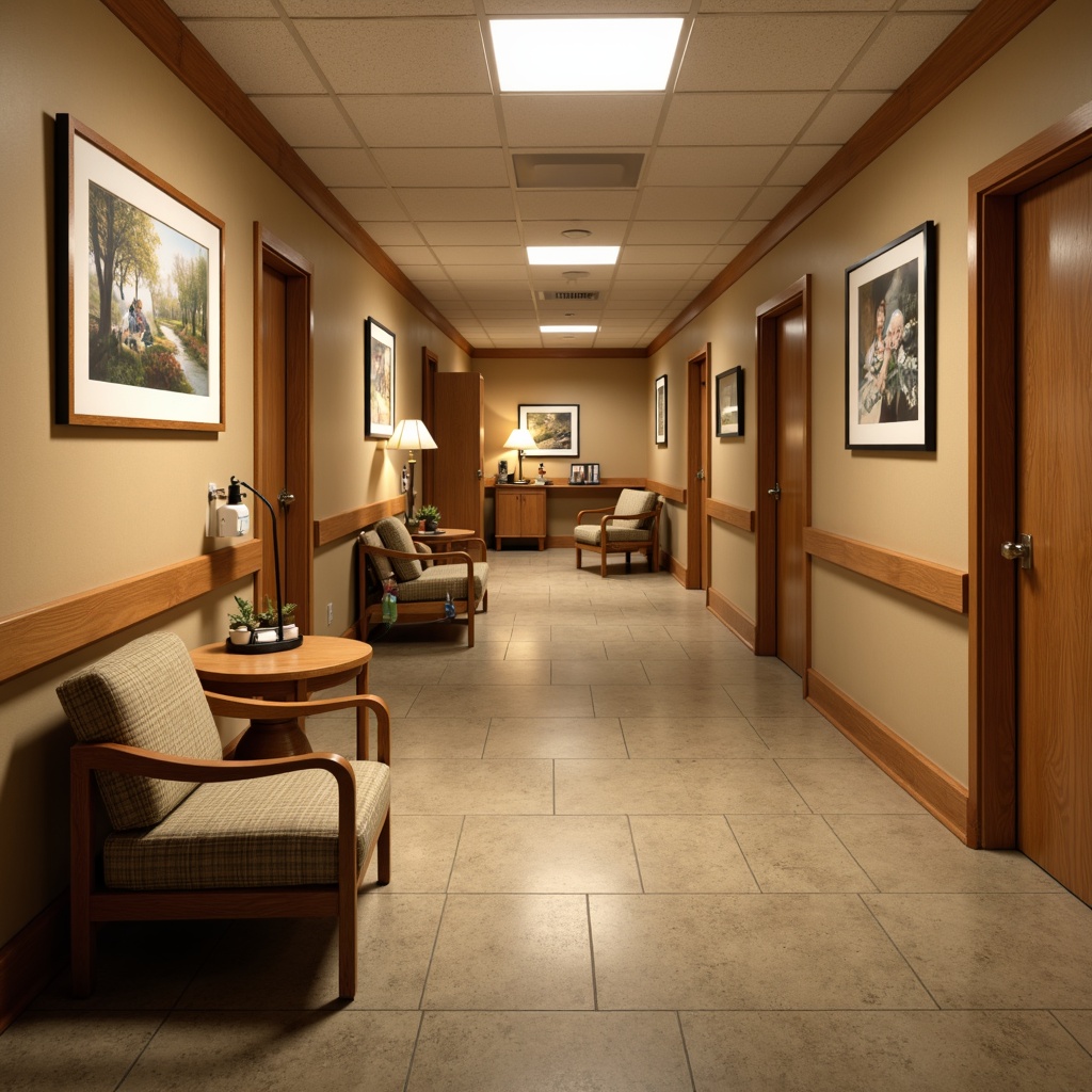 Prompt: Warm traditional hospital corridors, natural wood accents, soft warm lighting, cozy nurse stations, comfortable patient rooms, gentle color schemes, calming artwork, warm beige walls, soft carpeted floors, traditional lantern-style light fixtures, warm task lighting, layered lighting design, relaxing ambiance, serene atmosphere, 1/1 composition, realistic textures, subtle shadows, ambient occlusion.