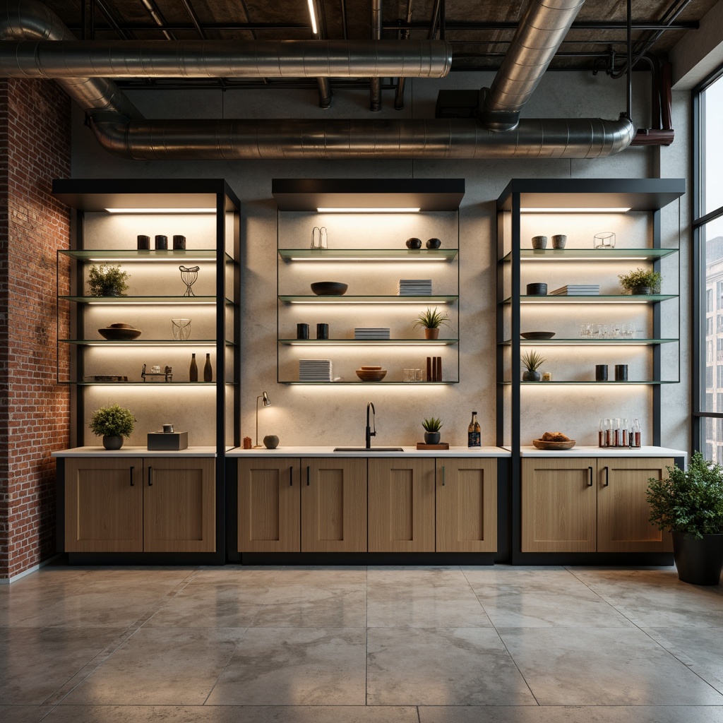 Prompt: Translucent glass shelves, sleek metal frames, polished concrete floors, industrial-style lighting fixtures, minimalist storage units, modern utility pipes, urban loft ambiance, natural stone walls, distressed wood accents, ambient softbox lighting, shallow depth of field, 1/1 composition, realistic reflections, subtle gradient maps.Let me know if this meets your expectations!