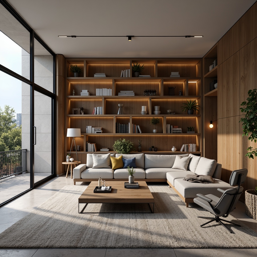 Prompt: Modern living room, comfortable sofa, sleek coffee table, minimalist bookshelf, floor-to-ceiling windows, natural light, soft carpet flooring, calm color palette, functional storage units, ergonomic chairs, adjustable desk lamps, acoustic panels, cozy reading nook, ambient warm lighting, shallow depth of field, 1/1 composition, realistic textures, subtle reflections.