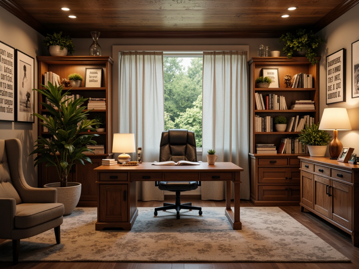 Prompt: Cozy home office, wooden desk, ergonomic chair, bookshelves, floor lamps, comfortable rug, natural wood accents, earthy color palette, plants on shelves, framed academic certificates, motivational quotes, inspiring artwork, soft warm lighting, shallow depth of field, 3/4 composition, panoramic view, realistic textures, ambient occlusion.