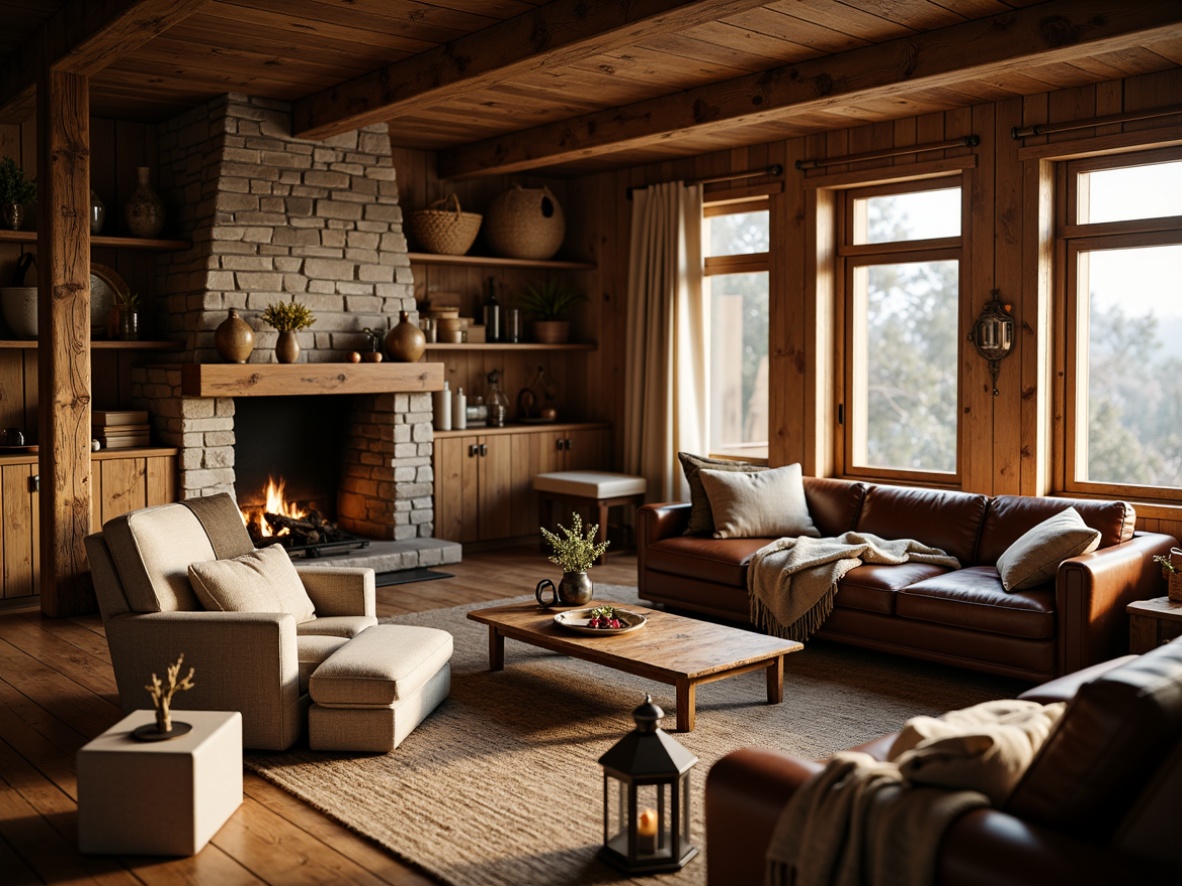 Prompt: Cozy cabin, natural wood accents, earthy color palette, woven baskets, plush throw blankets, vintage fabric patterns, distressed leather furniture, metal lanterns, candlelight ambiance, rustic wooden beams, stone fireplace, crackling fire sounds, warm golden lighting, shallow depth of field, 1/2 composition, realistic textures, ambient occlusion.