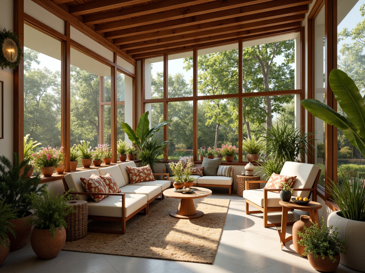 Prompt: Warm sunroom, large windows, natural light, wooden beams, mid-century modern architecture, earthy color palette, terracotta pots, lush greenery, vibrant flowers, warm beige tones, rich walnut wood, soft cream accents, bold turquoise pops, geometric patterns, retro-inspired decor, cozy textiles, organic shapes, 1/2 composition, softbox lighting, shallow depth of field.