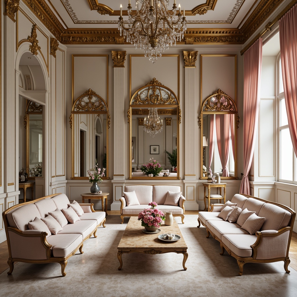 Prompt: Opulent Rococo interior, lavish furnishings, ornate mirrors, gilded frames, soft pastel hues, pale pink accents, creamy whites, muted golds, rich velvets, intricate patterns, delicate florals, subtle sheens, warm candlelight, shallow depth of field, 1/1 composition, realistic textures, ambient occlusion.