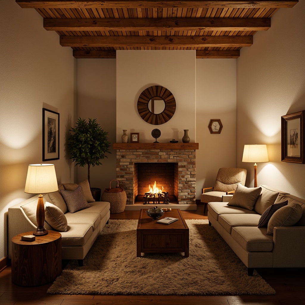 Prompt: Cozy living room, warm ambiance, soft glowing lamps, table lamps, floor lamps, pendant lights, rustic metal shades, vintage Edison bulbs, creamy white walls, plush area rugs, comfortable couches, wooden coffee tables, natural stone fireplaces, crackling flames, relaxing atmosphere, warm beige tones, inviting textiles, subtle shadows, warm golden lighting, 1/1 composition, intimate setting, realistic textures.