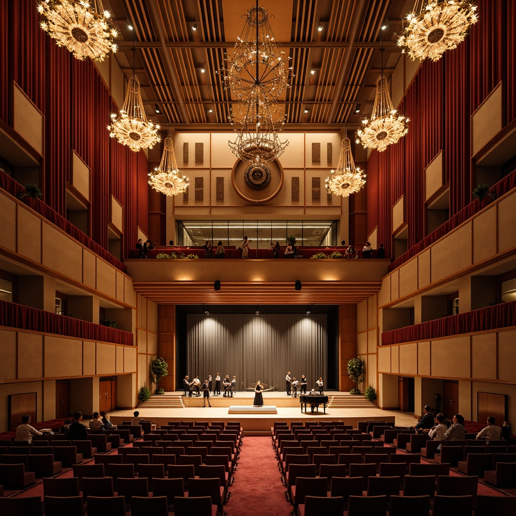 Prompt: Elegant concert hall, ornate chandeliers, warm golden lighting, rich wood tones, velvet curtains, grand pianos, acoustic panels, intimate stage settings, dramatic spotlights, soft box seating, luxurious fabrics, refined architectural details, high ceilings, large windows, natural daylight, subtle color temperature, 1/2 composition, shallow depth of field, realistic textures, ambient occlusion.