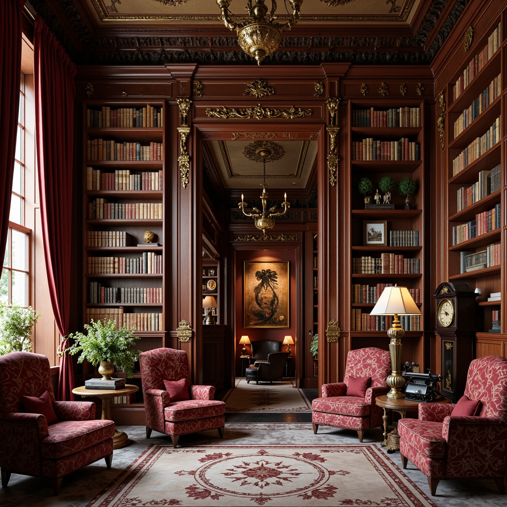 Prompt: Richly ornate bookshelves, intricately carved wooden panels, plush velvet armchairs, ornamental bronze lamp fixtures, antique leather-bound tomes, dark mahogany wood tones, intricate floral patterns, golden accents, luxurious drapery, heavy crimson curtains, stately grandfather clocks, ornate mirrors, polished marble floors, vintage typewriters, classic literature displays, soft warm lighting, shallow depth of field, 3/4 composition, realistic textures, ambient occlusion.