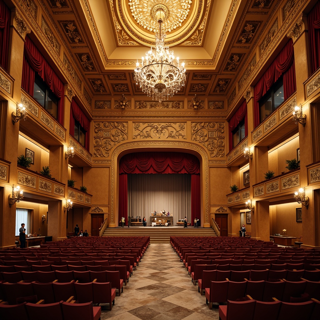 Prompt: Elegant performing arts center, grand high ceilings, ornate chandeliers, intricate moldings, marble floors, rich wood paneling, velvet curtains, gilded frames, Baroque-inspired patterns, luxurious fabrics, sophisticated color palette, warm golden lighting, subtle shadows, 1/1 composition, symmetrical framing, refined textures, ambient occlusion.