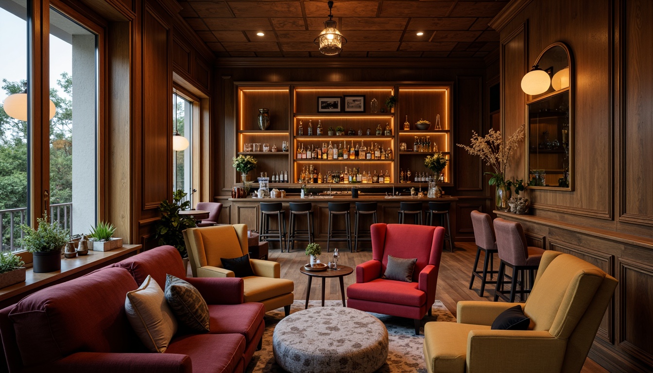 Prompt: Cozy home bar, warm lighting, rich wood tones, plush armchairs, velvet sofas, ottomans, rustic wooden tables, metallic bar stools, soft cushions, comfortable throw pillows, elegant pendant lamps, subtle ambient glow, intimate seating arrangements, luxurious fabrics, earthy color palette, vintage decorative accents.