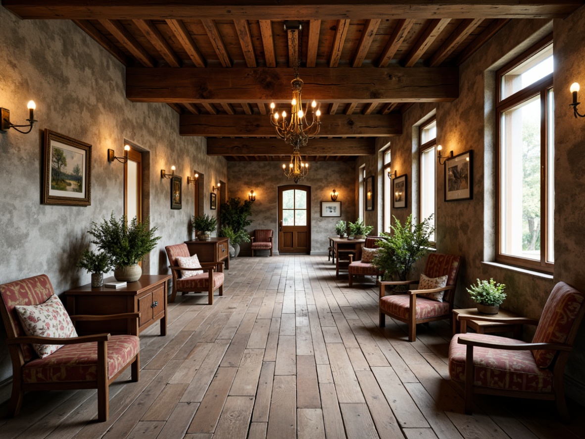 Prompt: Rustic hall vernacular style, reclaimed wooden flooring, distressed finishes, worn stone walls, vintage furniture, cozy atmosphere, soft warm lighting, shallow depth of field, 3/4 composition, earthy color palette, natural textures, ambient occlusion, wooden beams, country-inspired decor, floral patterns, traditional craftsmanship, nostalgic ambiance.