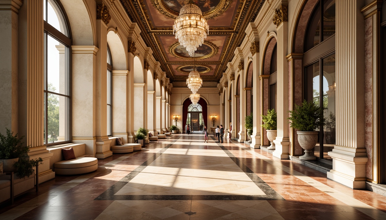 Prompt: Richly ornate classical architecture, grandiose columns, intricately carved details, soft creamy whites, warm beige tones, muted gold accents, deep rich reds, luxurious velvety blacks, ornate gilded frames, lavish crystal chandeliers, opulent marble floors, intricate fresco ceilings, warm golden lighting, shallow depth of field, 2/3 composition, realistic textures, ambient occlusion.