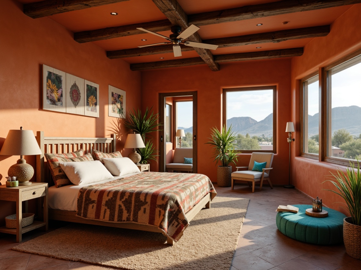 Prompt: Earthy southwestern bedroom, warm terracotta walls, rustic wooden furniture, woven Native American patterned blankets, soft warm lighting, table lamps with natural linen shades, pendant lights made of wrought iron, candles in mercury glass holders, floor lamps with rattan shades, ambient warm glow, cozy reading nook, plush area rug, vibrant turquoise accents, natural fiber textiles, adobe-inspired architecture, dramatic ceiling beams, large windows with desert landscape views, bright sunny day, soft shadows, 1/2 composition.