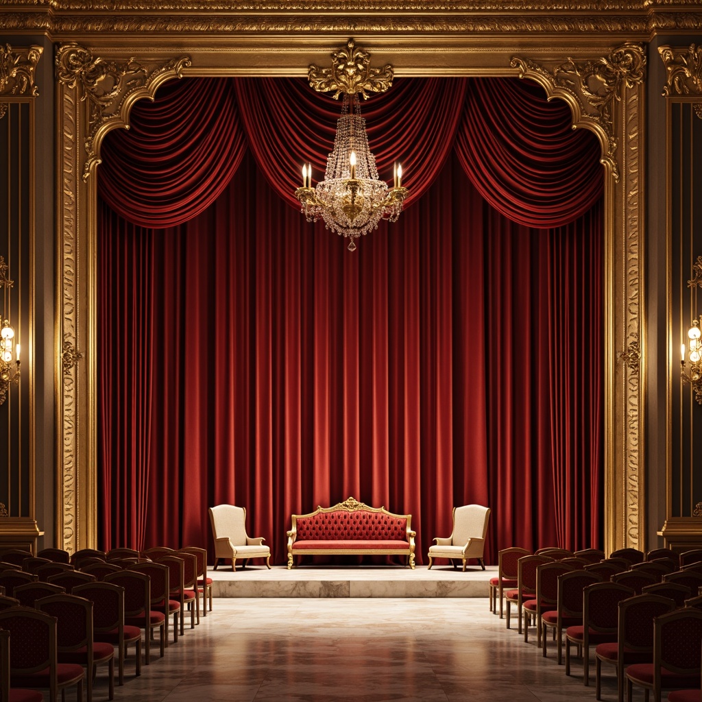 Prompt: Rich velvet curtains, ornate golden frames, crystal chandeliers, plush red armchairs, intricately carved wooden benches, luxurious silk upholstery, neoclassical columns, elegant marble floors, opulent drapery, lavish furniture ornaments, grandiose stage lighting, warm ambient glow, soft focus, shallow depth of field, 1/1 composition, dramatic perspective, highly detailed textures, subtle ambient occlusion.