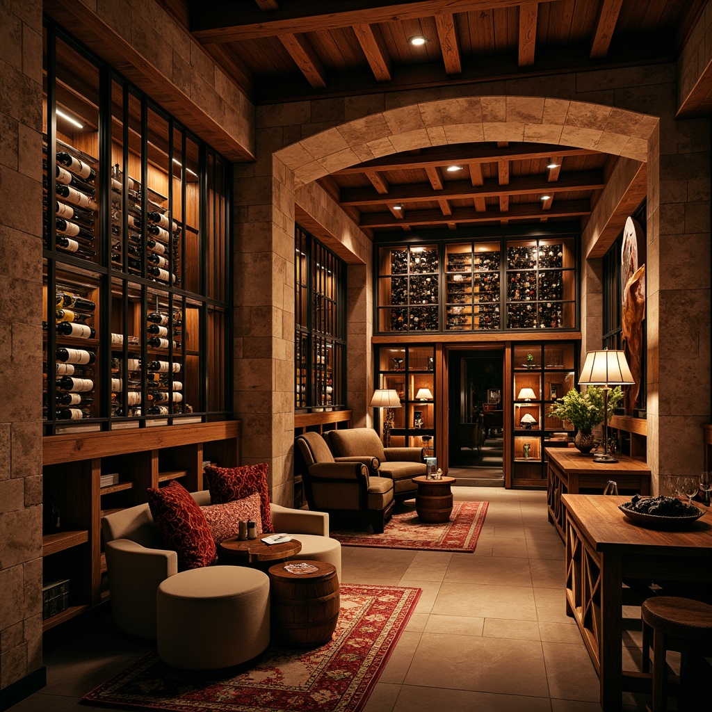 Prompt: Luxurious wine cellar, rich wood tones, dim warm lighting, stone walls, rustic charm, elegant furniture, wine barrels, wooden crates, glass enclosures, metal racks, climate-controlled environment, humidifier systems, premium flooring options, dark hardwood floors, polished marble surfaces, natural stone tiles, epoxy resin coatings, anti-slip finishes, durable materials, sophisticated ambiance, intimate settings, soft warm glow, shallow depth of field, 1/1 composition, realistic textures.