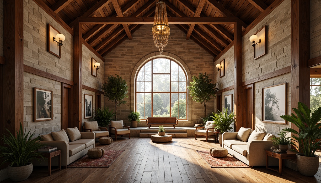 Prompt: Rustic church interior, open floor plan, wooden beams, stone walls, stained glass windows, grand chandelier, cozy nooks, comfortable seating areas, natural textiles, earthy color palette, warm lighting, soft shadows, shallow depth of field, 1/1 composition, realistic wood textures, ambient occlusion, serene atmosphere, peaceful ambiance.