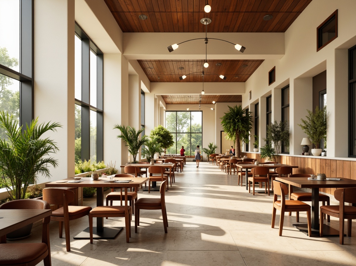 Prompt: Modern dining hall, sleek wooden tables, minimalist chairs, cream-colored walls, warm beige floors, elegant chandeliers, floor-to-ceiling windows, natural daylight, soft ambient lighting, subtle shadows, 1/1 composition, shallow depth of field, realistic textures, ambient occlusion, vibrant greenery, potted plants, geometric patterns, metallic accents, rich wood tones, sophisticated color palette, neutral background, bold pops of color.