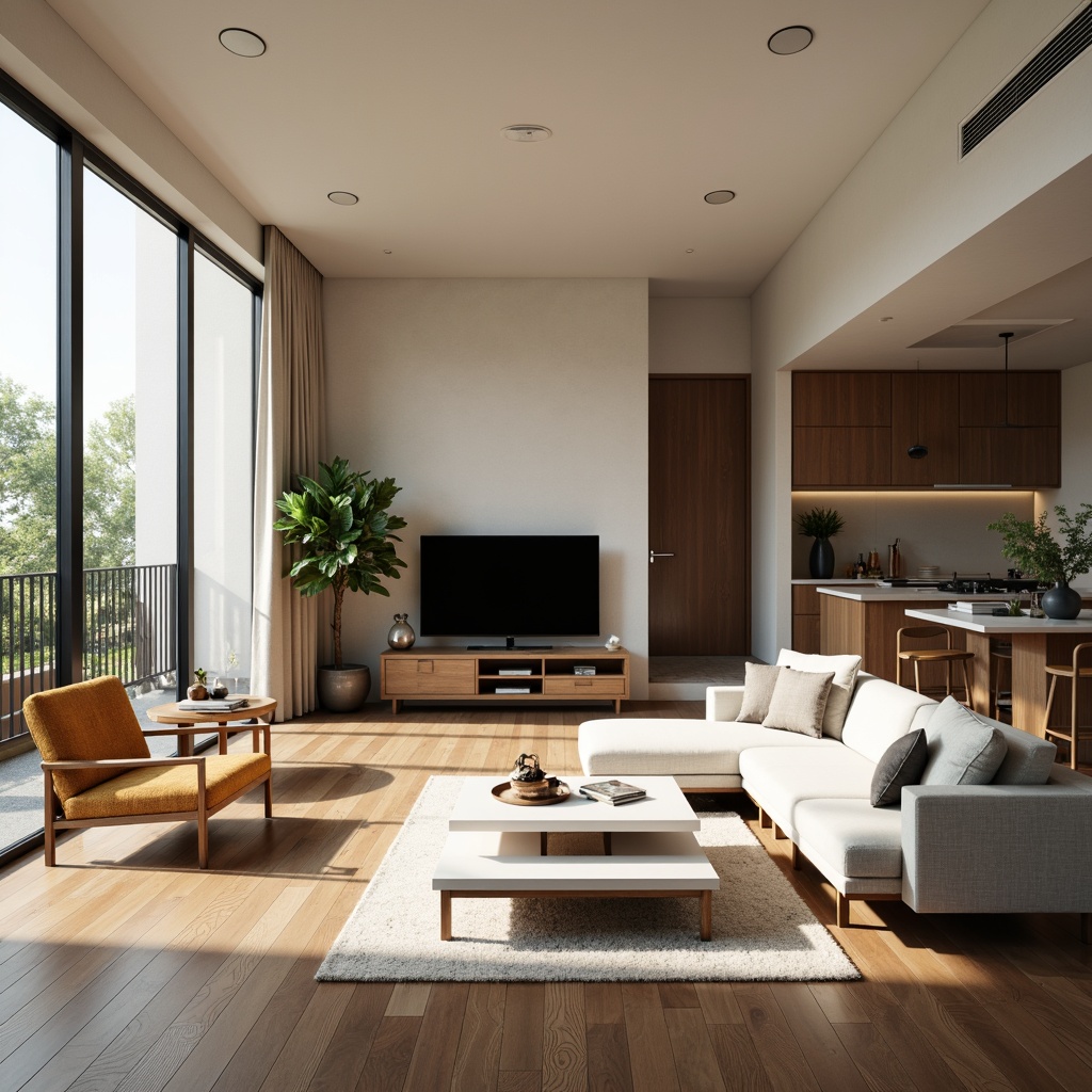 Prompt: Minimalist living room, sleek wooden floor, comfortable sectional sofa, elegant coffee table, modern floor lamp, lush green plants, spacious open layout, functional storage units, cleverly hidden TV console, optimized traffic flow, harmonious color scheme, natural light pouring in, soft warm ambiance, 1/1 composition, shallow depth of field, realistic textures.