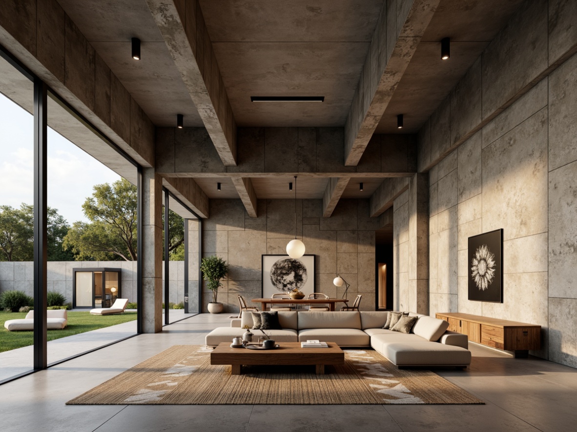 Prompt: Earthy tone villa, brutalist architecture, rough-hewn stone walls, concrete floors, exposed ductwork, industrial metal beams, minimalist decor, monochromatic color scheme, muted earth tones, weathered wood accents, raw concrete textures, dramatic natural light, high ceilings, oversized windows, geometric patterned rugs, abstract artwork, moody atmospheric lighting, 1/1 composition, low-key shadows, realistic material rendering.