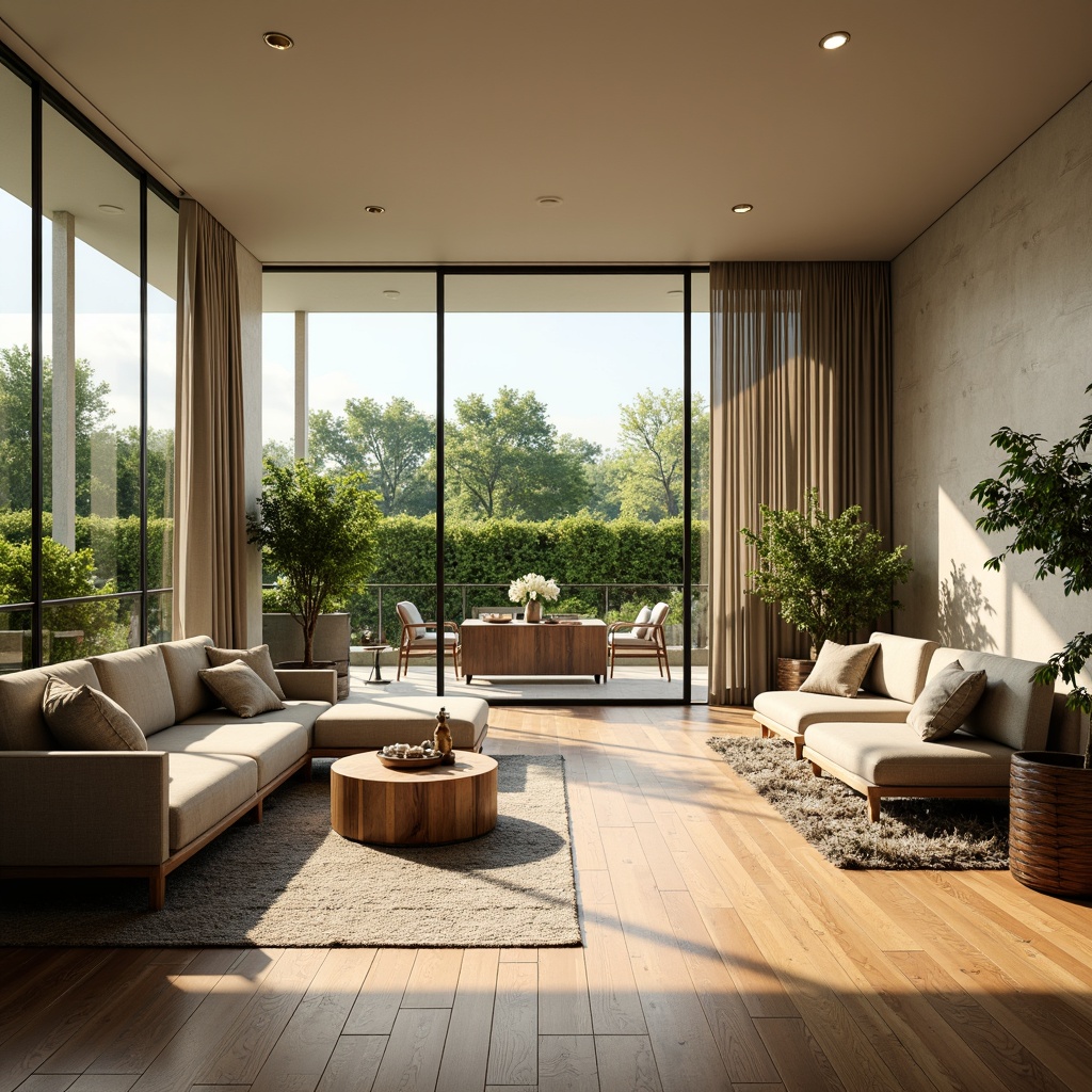 Prompt: Vibrant living room, floor-to-ceiling windows, natural light pouring in, warm wooden flooring, comfortable seating areas, lush greenery, potted plants, minimalist decor, soft beige walls, elegant curtains, modern furniture, ambient lighting, 1/1 composition, realistic textures, shallow depth of field, sunny afternoon, gentle shadows.