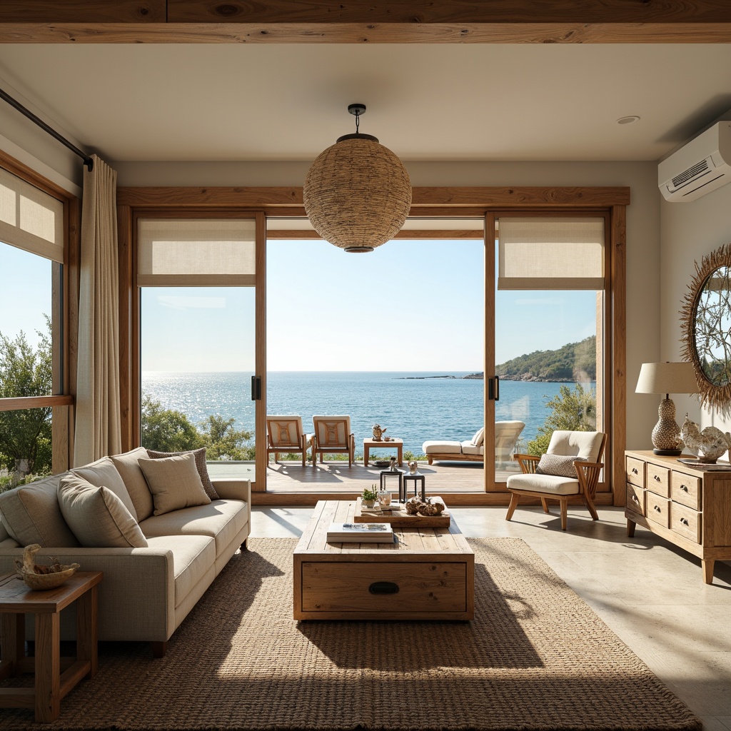 Prompt: Coastal living room, ocean views, large windows, sliding glass doors, natural wood accents, driftwood decor, soft beige upholstery, nautical rope details, woven sea grass rugs, rustic wooden coffee tables, pendant lanterns, linen shades, warm ambient lighting, layered window treatments, sheer curtains, textured glass vases, coral-inspired sculptures, shell-adorned mirrors, ocean-breeze colors, sunny afternoon, shallow depth of field, 1/2 composition, soft focus, realistic textures.