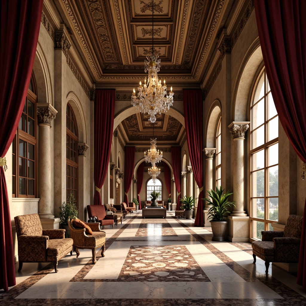 Prompt: Luxurious Renaissance-style interior, ornate columns with carved capitals, intricately patterned marble floors, rich velvet drapes, grand crystal chandeliers, majestic archways, opulent furnishings with gilded accents, warm golden lighting, subtle shadows, atmospheric perspective, 1/2 composition, classical proportions, realistic textures, ambient occlusion.