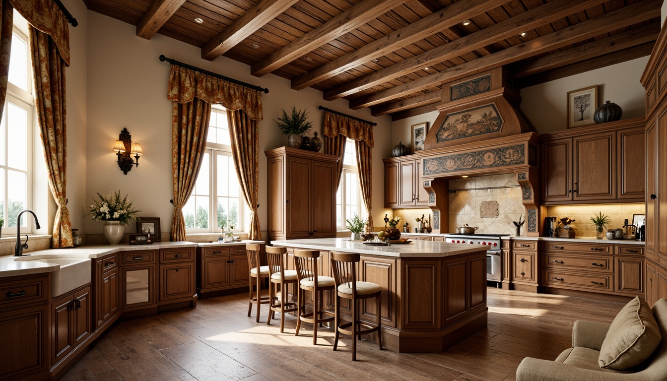 Prompt: Elegant kitchen island, rich wood tones, ornate cabinetry, marble countertops, soft golden lighting, plush velvet drapes, intricate embroidery patterns, luxurious silk fabrics, warm beige walls, ornamental metal hardware, decorative ceramic tiles, traditional English country style, rustic wooden beams, distressed leather upholstery, refined classicism details, warm earthy color palette, soft focus photography, shallow depth of field, 2/3 composition, atmospheric rendering, realistic textures.