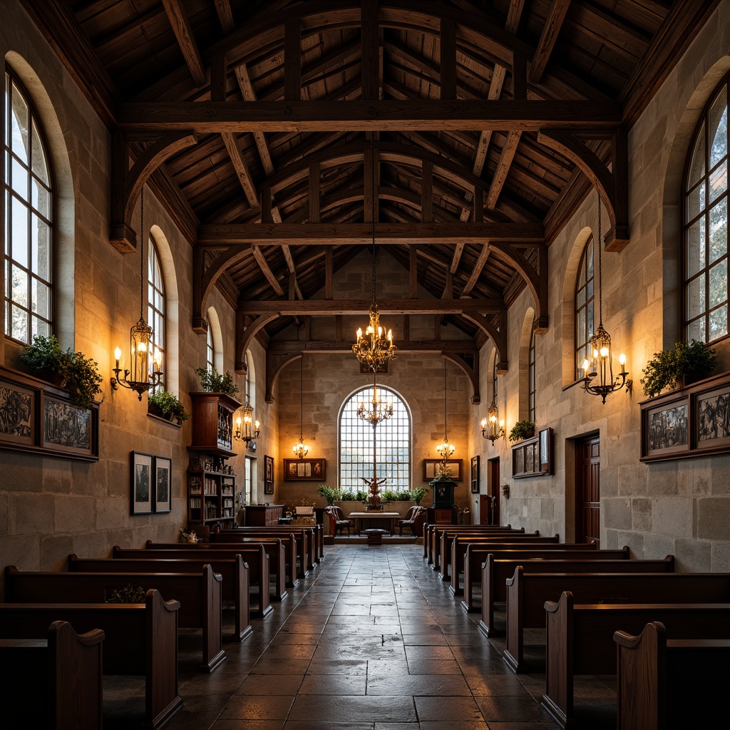 Prompt: Rustic church interior, vaulted ceilings, ancient stone walls, stained glass windows, wooden pews, ornate chandeliers, dim warm lighting, rich textures, weathered wood beams, gothic arches, intricate carvings, mysterious ambiance, soft natural light, 1/1 composition, realistic rendering, atmospheric perspective.