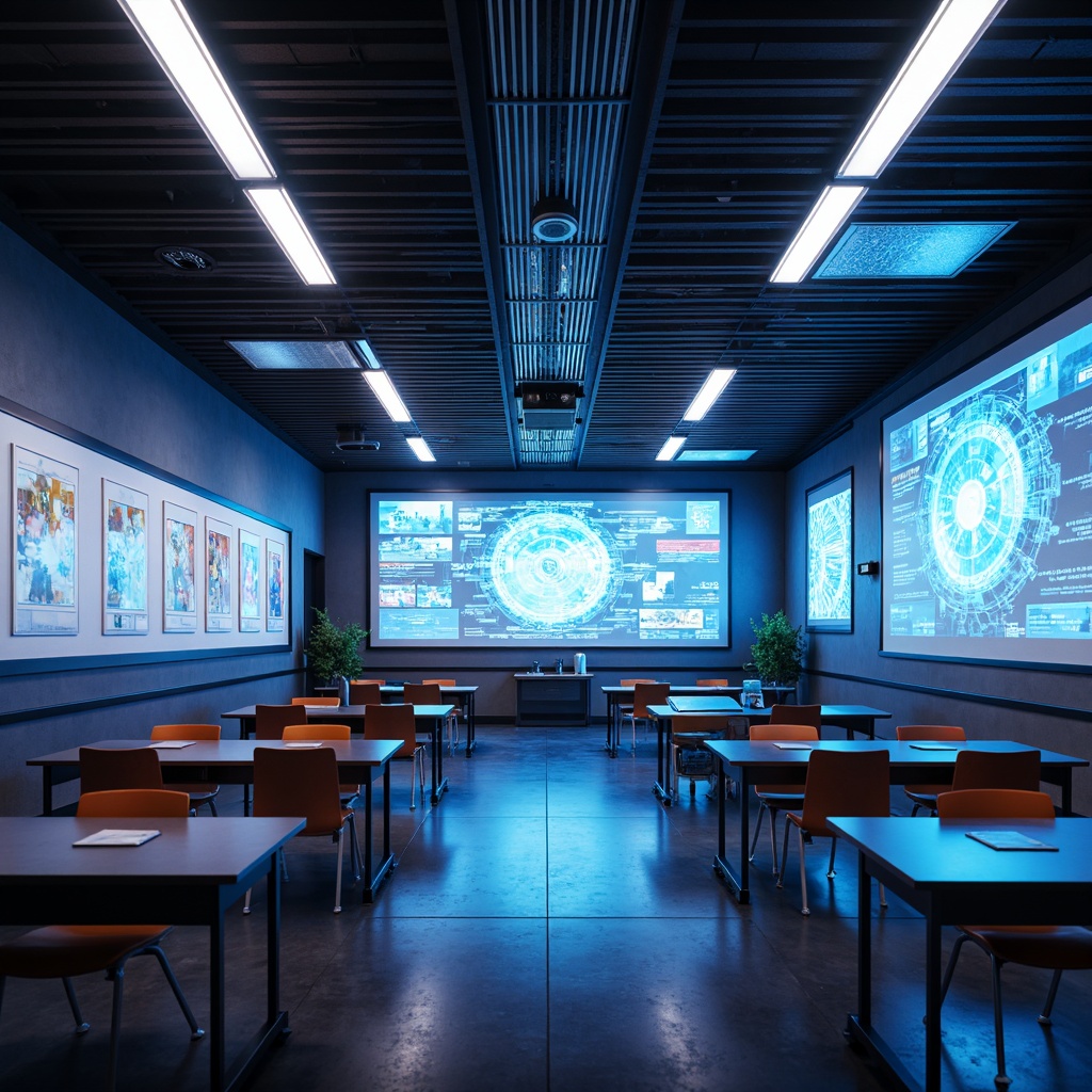 Prompt: Futuristic classroom, neon-lit corridors, holographic displays, glowing LED lights, interactive whiteboards, angular metal fixtures, minimalist desk designs, ergonomic chairs, virtual reality zones, ambient occlusion, softbox lighting, 3/4 composition, shallow depth of field, panoramic views, realistic textures, eco-friendly materials, sustainable energy solutions, solar panels, innovative cooling technologies, shaded outdoor spaces, misting systems.