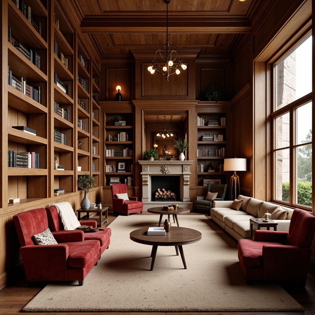 Prompt: Rich wood tones, plush velvet armchairs, soft golden lighting, floor-to-ceiling bookshelves, warm beige carpets, comfortable reading nooks, rustic wooden tables, vintage metal lamps, cozy throw blankets, classic leather-bound books, ornate bronze fixtures, intimate seating areas, natural stone fireplaces, earthy color palette, 3/4 composition, shallow depth of field, warm ambient lighting.