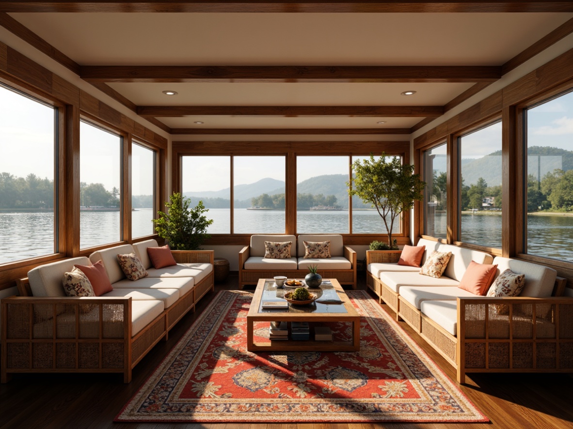 Prompt: Cozy boathouse interior, Asian-inspired decor, natural wood accents, woven bamboo furniture, vibrant silk fabrics, intricate batik patterns, plush throw pillows, warm ambient lighting, soft beige walls, rustic wooden floors, nautical-themed accessories, potted plants, floor-to-ceiling windows, serene lake views, gentle water reflections, subtle natural textures, 1/1 composition, intimate atmosphere, softbox lighting, realistic material rendering.