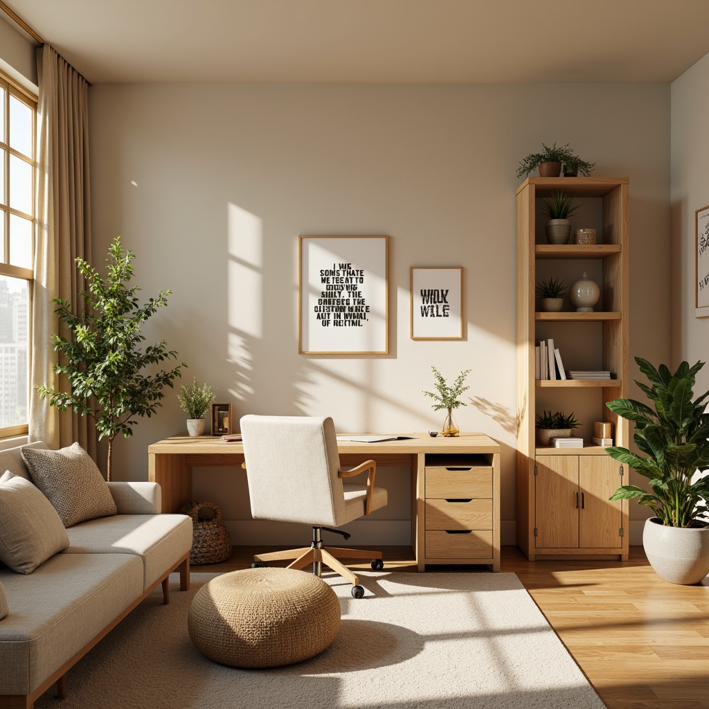 Prompt: Cozy home office, warm beige walls, rich wood furniture, comfortable seating area, soft golden lighting, calming greenery, natural textiles, subtle patterned rugs, inspirational quotes, ergonomic desk chairs, modern minimalist decor, plenty of storage space, organized workspace, focused atmosphere, gentle color scheme, soothing pastel hues, creamy whites, earthy tones.