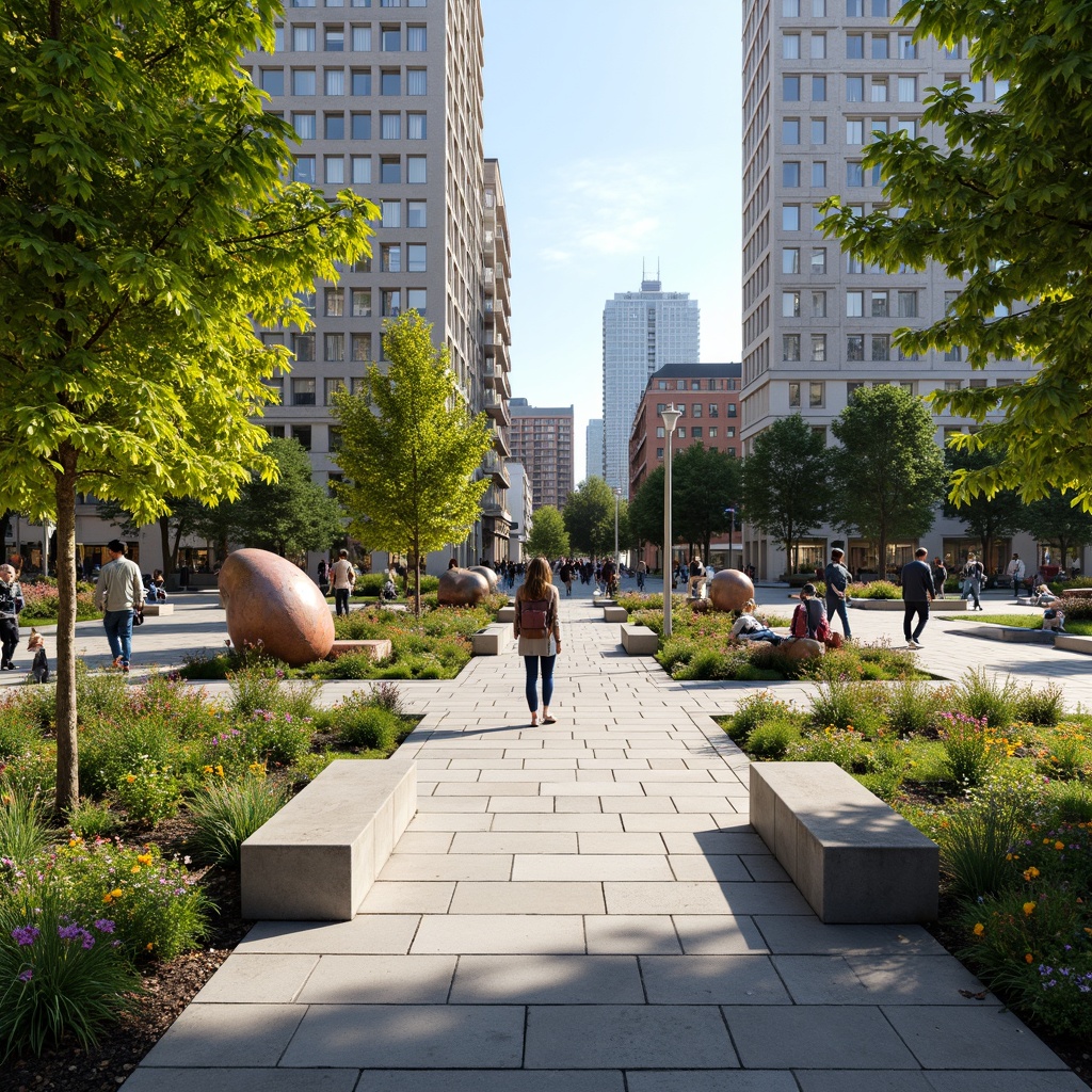 Prompt: Vibrant public plaza, lush greenery, walking paths, modern street furniture, urban landscape, bustling city life, natural stone flooring, steel benches, abstract sculptures, dynamic water features, vibrant flower beds, warm sunny day, soft diffused lighting, shallow depth of field, 3/4 composition, panoramic view, realistic textures, ambient occlusion.