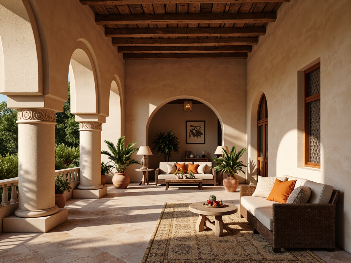 Prompt: Warm beige stucco walls, rustic stone accents, soft archways, elegant columns, ornate tile work, glazed ceramic details, distressed wood beams, natural fiber textiles, earthy terracotta hues, subtle mosaic patterns, ambient warm lighting, shallow depth of field, 1/1 composition, realistic textures, Mediterranean-inspired furniture, plush upholstery, ornate metalwork.