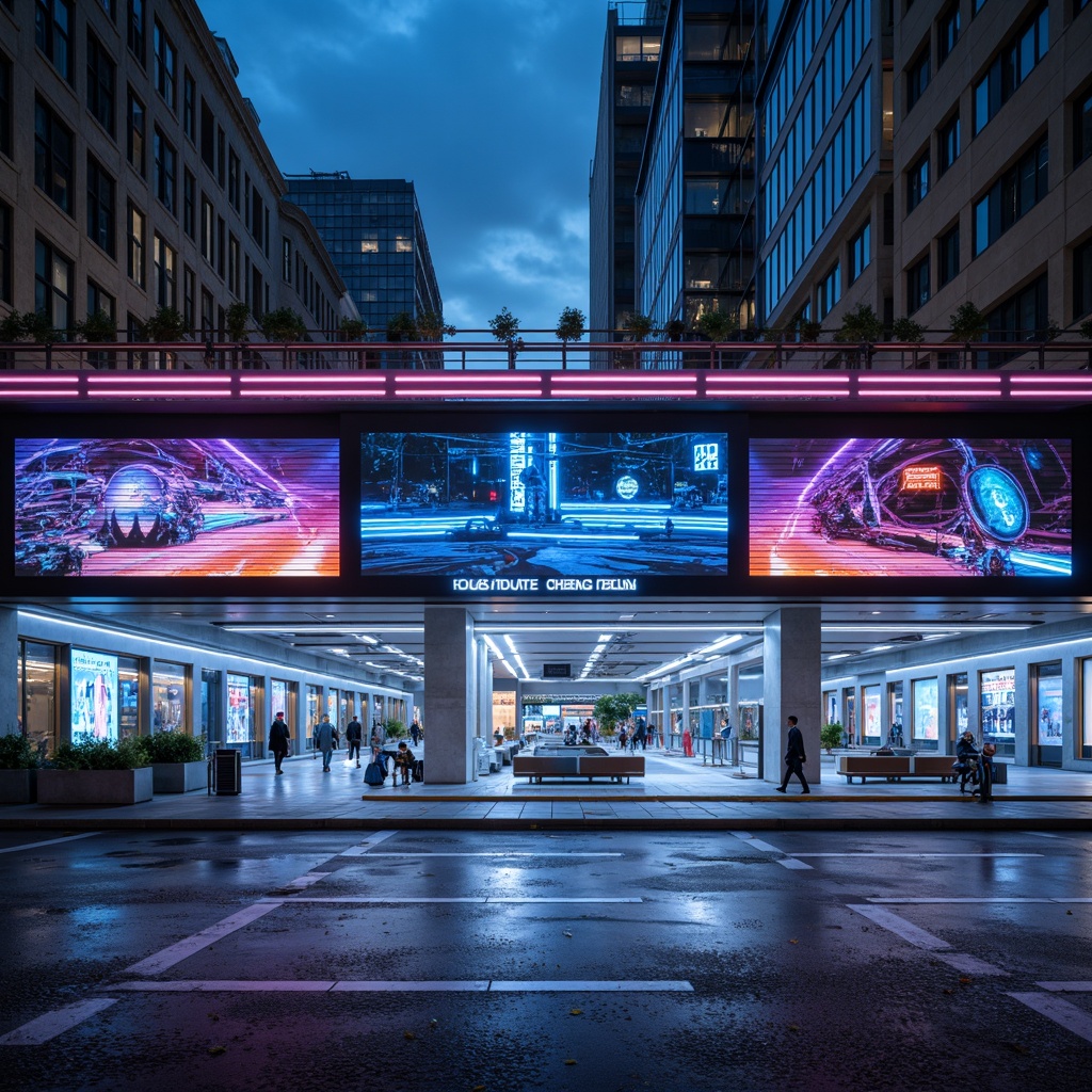 Prompt: Futuristic bus station, sleek metallic architecture, neon-lit signage, glowing LED strips, dynamic lighting installations, iridescent colors, holographic advertisements, transparent glass roofs, minimalist seating areas, futuristic ticketing systems, automated doors, high-tech information displays, atmospheric misting, vibrant cityscape views, dramatic night-time illumination, shallow depth of field, 1/1 composition, cinematic camera angles, realistic reflections, ambient occlusion.