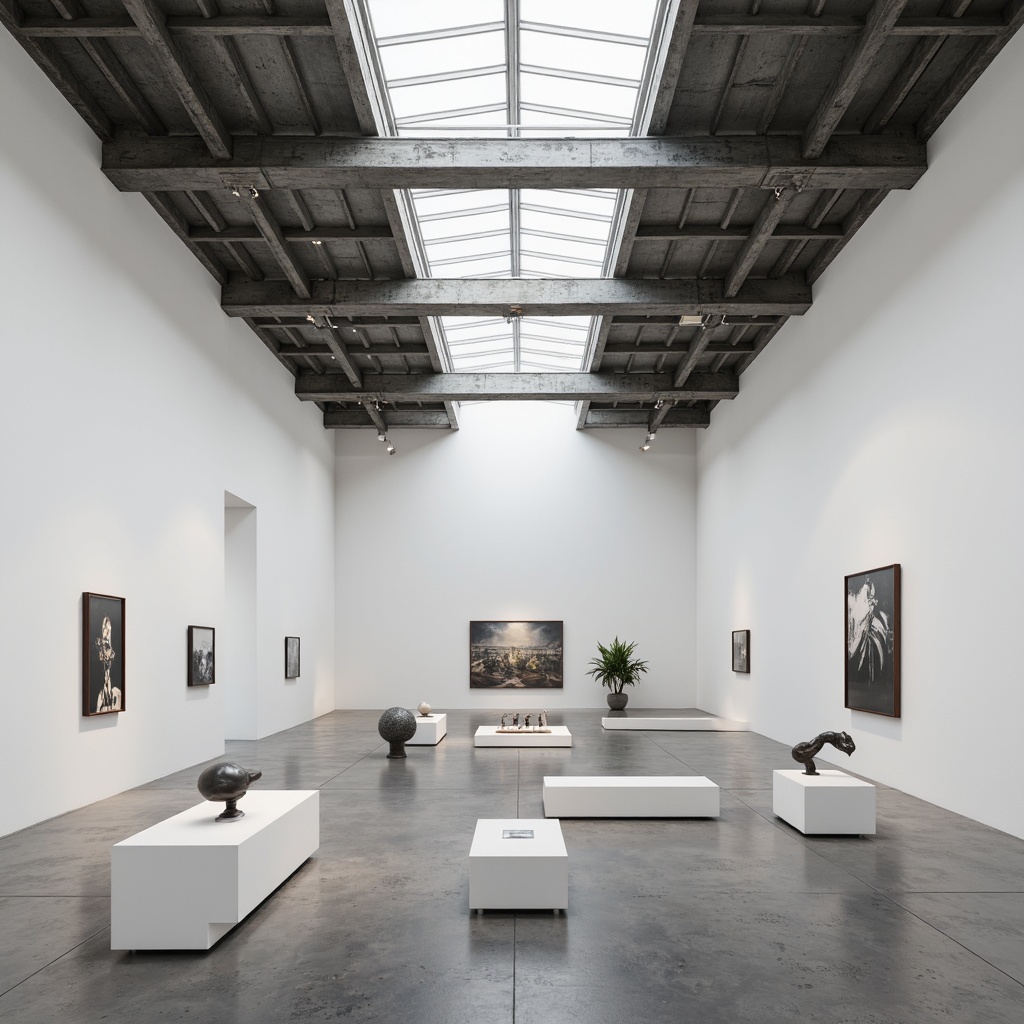 Prompt: Minimalist gallery, open space, white walls, polished concrete floors, industrial steel beams, modern track lighting, sleek display cases, geometric sculptures, abstract artwork, monochromatic color scheme, natural light pouring through skylights, minimalist benches, edited plant life, subtle shadows, soft diffused lighting, shallow depth of field, 1/1 composition, panoramic view, realistic textures, ambient occlusion.