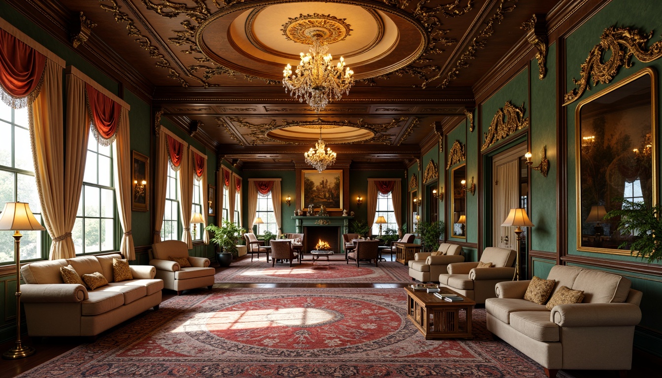 Prompt: Richly ornate Victorian mansion, opulent furnishings, lavish fabrics, intricate wood carvings, grand chandeliers, warm golden lighting, deep jewel-toned colors, emerald green walls, crimson red accents, soft creamy whites, luxurious velvets, ornate patterned rugs, heavy drapery, tassel-trimmed curtains, antique furniture pieces, richly polished woods, majestic high ceilings, ornate plasterwork, subtle warm beige backgrounds, dramatic color contrasts, highly ornate decorative elements.