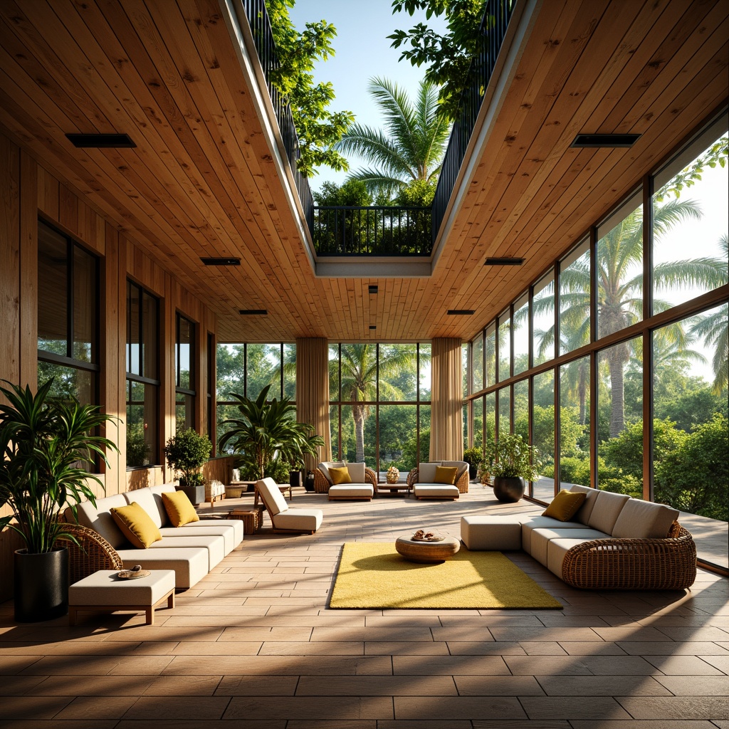 Prompt: Tropical style interior, high ceiling, open spaces, natural materials, wooden accents, rattan furniture, vibrant colors, lush greenery, potted plants, floor-to-ceiling windows, sliding glass doors, clerestory windows, soft warm lighting, indirect sunlight, ambient glow, 1/1 composition, shallow depth of field, realistic textures, subtle shadows, relaxing atmosphere, calming ambiance.