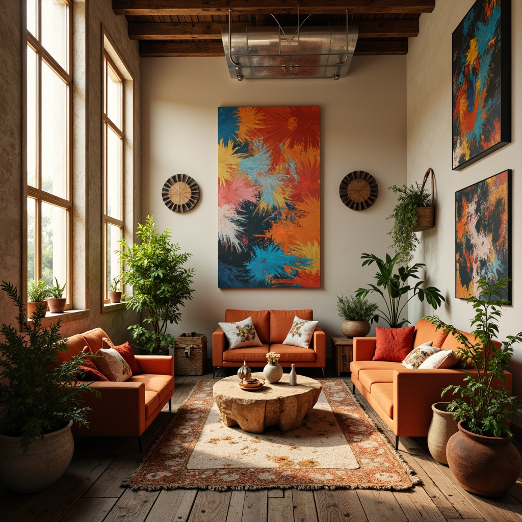 Prompt: Vibrant artistic studio, eclectic furniture, rich wood accents, bold colorful artwork, abstract expressionist paintings, warm golden lighting, creamy white walls, sleek metal fixtures, industrial chic decor, distressed wooden floors, natural fiber rugs, earthy terracotta pots, lush greenery, atmospheric misty background, soft focus, shallow depth of field, 1/2 composition, artistic freedom, expressive brushstrokes.